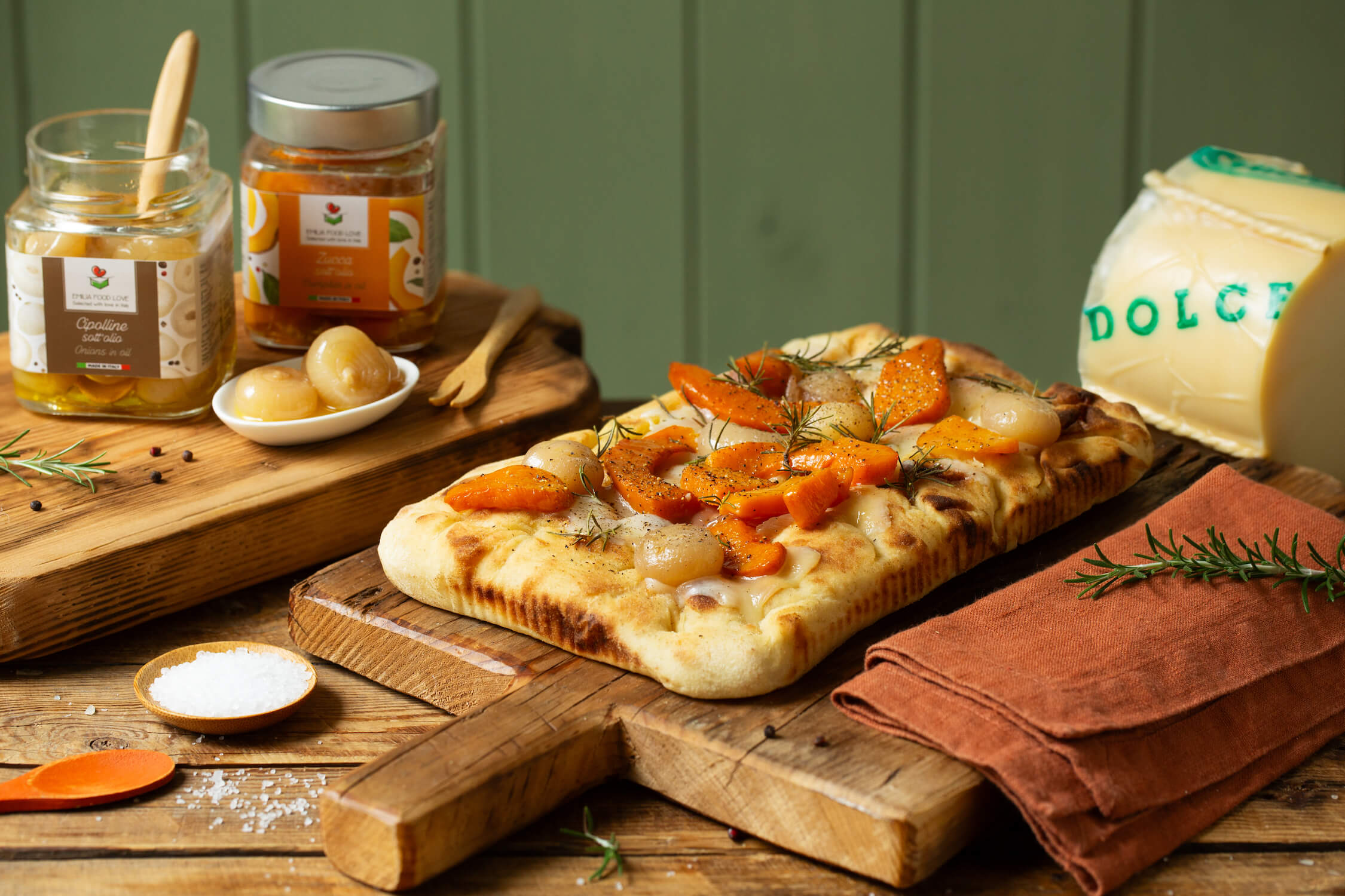 SHEET PAN PIZZA with mild provolone, onions and pumpkin in oil